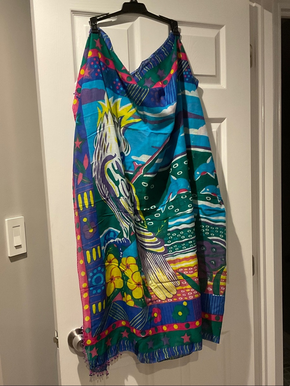 Jasmine Vibrant Teal Blue Multicolor Bird Print Scarf Wrap